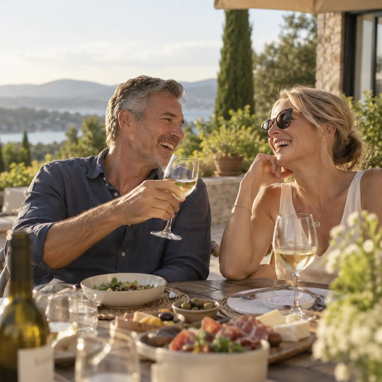 A worry-free couple enjoying dinner out together at their turning point